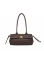 Vintage brown quilted leather baguette shoulder bag with long handle and stylish metal clasp. - Coffee