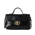 Black quilted leather shoulder bag with chain strap elegant top handle handbag for women - Black