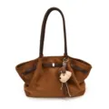 Retro Wildleder Shopper Damen, groes Kapazitaet Schultertasche, Herbst Winter Unterarmtasche. - Ohne Anhänger / Braun