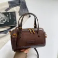 Vintage contrast color boston bag for women, stylish brown shoulder handbag with strap. - Coffee Without Charm
