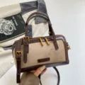 Retro color block boston bag vintage shoulder handbag with PU leather and suede patchwork. - Apricot Without Pendant