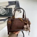 Retro contrast color Boston bag women small handbag stylish shoulder crossbody bag daily use - Coffee (With Pendant)