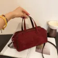 Vintage Wildleder Boston Handtasche für Damen, schicke Handarbeit Naht Umhängetasche retro - Burgunderrot