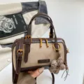 Retro color-block Boston bag for women, chic handbag and crossbody bag for work and daily commuting. - Apricot With Pendant