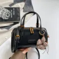 Retro black velvet contrast Boston bag, casual handbag and chic shoulder crossbody bag for women. - Black (With Pendant)