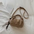 Vintage brown suede dumpling crossbody bag, retro maillard small shoulder underarm bag. - Khaki With Pendant