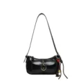 Schwarze glänzende PU Leder Umhängetasche Achseltasche mit Retro Metallschnalle und Anhängern - Ohne Anhänger / Schwarzes PU-Leder
