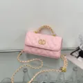 Pink quilted chain shoulder bag for women, elegant luxury style crossbody handbag with metal handle. - Pink
