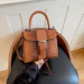 Vintage crocodile pattern brown handbag, chic niche luxury fashion color-block shoulder bag. - Brown