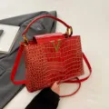 Red crocodile pattern PU leather handbag stylish top handle shoulder crossbody tote bag - Red
