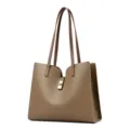 Grand sac cabas marron pour femme, élégant sac à main épaule en cuir avec serrure. - Kaki