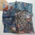 Vintage oil painting style patchwork square scarf, lightweight floral design for women. - 70x70cm / Blue