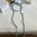 Handmade crochet light blue ribbon neck strap, sweet cool style knitted silk scarf for daily wear. - Blue