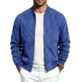Close-up view of men's blue suede zip jacket collar and sleeve details, premium fabric. - S / Tops / Sapphire Blue