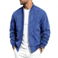 Men's suede bomber jacket detail view, long sleeve zip up casual outerwear in solid blue. - Sapphire Blue