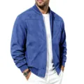 Vista dettagliata della giacca bomber in camoscio blu da uomo, cappotto vintage casual. - Blu zaffiro