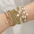 Layered gold bead pearl cross star elastic bracelet set for women fashion jewelry style sku - Pearl Star Cross Combo (XY-436+XY-1717 Combo) / Multi-piece Bracelet Set