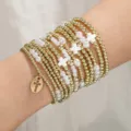 Gold bead stackable stretch bracelet set with white cross pearl charms for women's daily wear - Classic Beaded Cross Combo (XY-396+XY-1717 Combo) / Multi-piece Bracelet Set