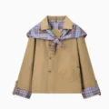 Damen Vintage karierter Schal Kragen Khaki Jacke Freizeit Mantel Langarm Oberbekleidung - S / Oberteile / Khaki