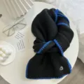 Winter black knit scarf with blue contrast blanket stitch edge and cute heart charm accessory warm - Black Blue Edge