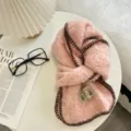 Detail view of the cozy pink knitted fuzzy scarf with brown contrast edge, soft winter wear. - 156x22 / Pink Style (02#)