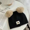 Cute double pom pom black knit beanie detail, soft winter warm cap with plush balls. - 21x25cm (Size Without Ears) / Black