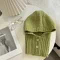 Cagoule bonnet en tricot vert avec boutons, echarpe capuche chaude d'hiver pour femmes. - Hauteur 39 Largeur 21 / Vert