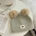 Cute double pom-pom knit beanie winter hat for women and men cozy green wool cap stylish - 21x25cm (Size Without Ears) / Light Gray