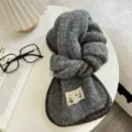 Close up detail of grey fluffy knit scarf with dark brown lock edge on white table view. - 156x22 / Medium Gray Style (09#)
