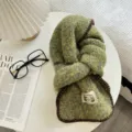 Cozy green knitted scarf with brown contrast edge, soft winter warm wrap for women. - 156x22 / Gray Green Style (13#)
