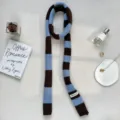 Blue brown striped knit narrow scarf detail view, showing the soft texture and color design. - Blue Brown Color Block (24101007) / Blue / 180*12cm