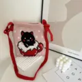 Gebreide schoudertas detail, schattig zwart kattenmotief, roze gebreide stof met rode riem. - 2# / Eén maat / Roze Zwarte Kat Rode Beker
