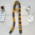 Detailed view of a trendy Y2K colorblock striped knitted long narrow scarf for women. - Yellow Gray Color Block (24101007) / Yellow / 180*12cm
