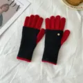 Women color block knit gloves winter touchscreen fingerless warm wool gloves detail shot - One Size / Finger Style / Black Red