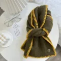 Cozy dark green knitted winter scarf featuring yellow contrast lock-edge and cute heart charm. - Dark Green with Yellow Edge
