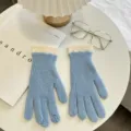 Women light blue knit gloves with white lace cuff winter warm touch screen five-finger gloves - Light Blue