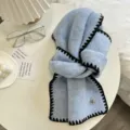 Cozy light blue winter knitted scarf featuring black zigzag edges and sweet heart charm. - Light Blue with Black Edge