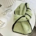 Cozy winter knitted scarf with contrast edge stitching, soft warm retro neck wrap for women. - Light Green with Dark Green Edge