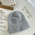Grey fuzzy knit beanie hat with metallic badge detail, winter warm slouchy wool cap. - One Size / Gray