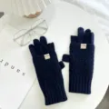 Dunkelblaue Strick-Halbfingerhandschuhe mit Zopfmuster, warmes und stylisches Winteraccessoire. - Einheitsgröße / Flip-Top Fingerlos Stil / Dunkelblau