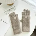 Gemütliche Strick Handschuhe ohne Finger für Damen, warme Winter Armstulpen mit Label. - Einheitsgröße / Flip-Top Fingerlos Stil / Khaki