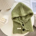 Cagoule tricotée verte écharpe femme hiver chaud protection oreilles bonnet en laine - Taille unique / Vert