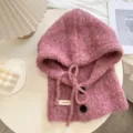 Cagoule tricotée rose capuche et écharpe d'hiver chapeau chaud en laine avec boutons - Taille unique / Rose