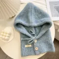 Cagoule tricotée bleue écharpe combinée femme hiver chaud thermique bonnet maille détail - Taille unique / Bleu clair