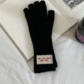 Women's black knit long touchscreen gloves with cute red embroidery patch for winter. - 30*10cm / 11#