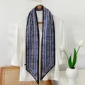 Blue houndstooth silk twilly scarf detail, elegant geometric print neck ribbon for women. - Small Floral-4