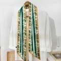 Green floral long silk scarf detail, elegant ribbon for hair, bag, or neckerchief use. - Flower-9