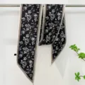 Black and white floral silk twilly scarf, elegant ribbon for hair, neck, and handbag. - Flower-2