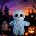 Joli porte-clés en peluche squelette d'Halloween, poupée lumineuse pour sacs et clés. - Bleu