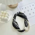 Black and white patterned small scarf with pearl chain and magnetic buckle for women chic. - Pearl Scarf-16